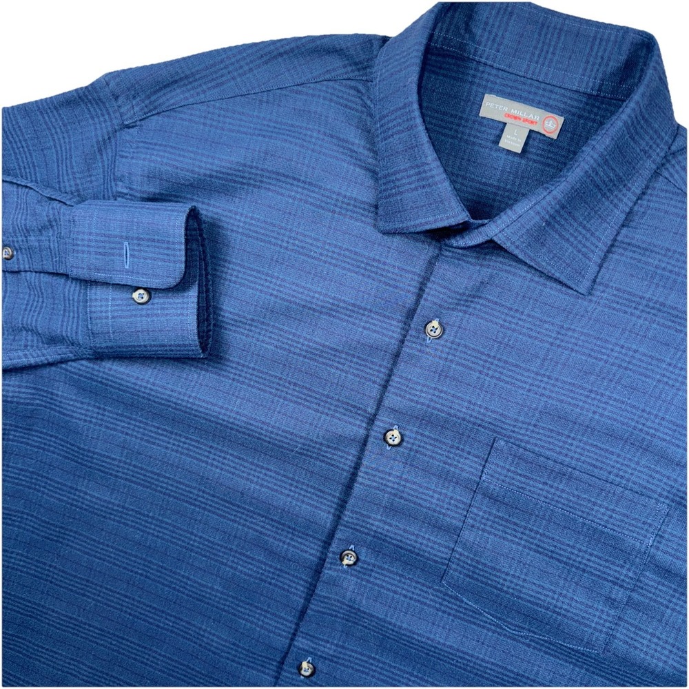 Peter Millar Crown Sport Button Down Mens Large Blue Textured Stripe Performance